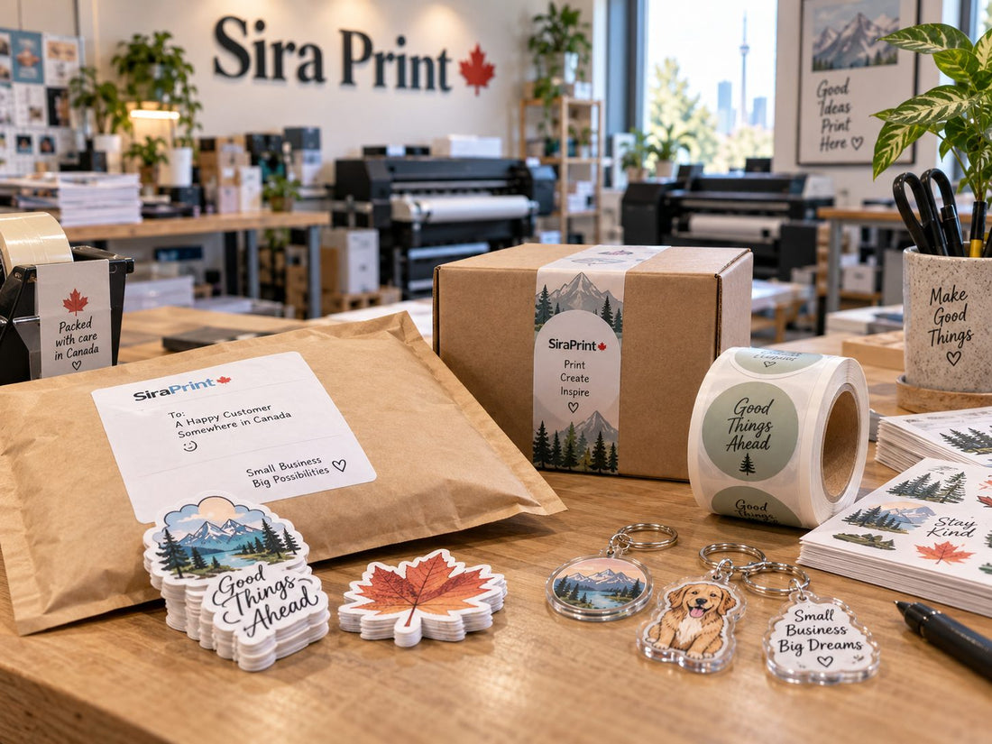 A padded mailer, a shipping box, die cut stickers and acrylic keychains on the packing table at Sira Print