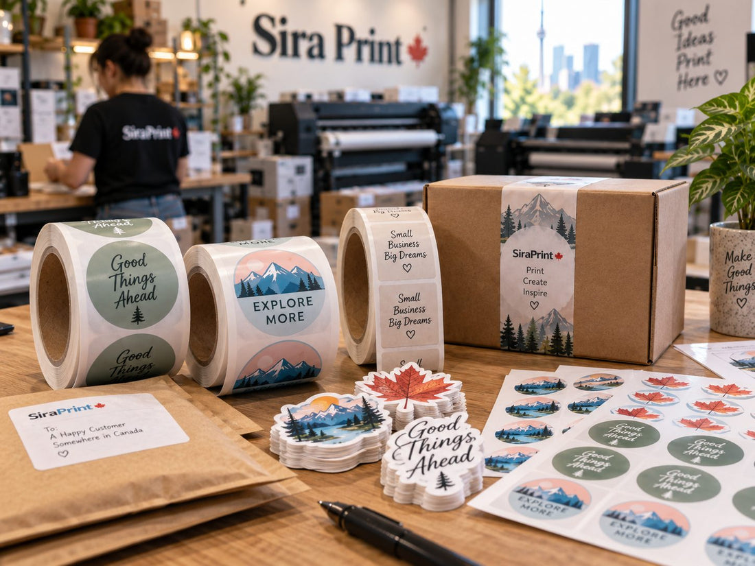 Roll labels, sticker sheets and a mailer on the packing table at Sira Print