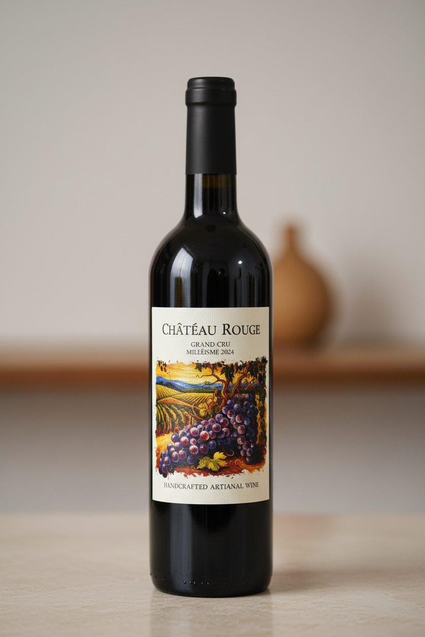 Custom textured vinyl wine label applied to a wine bottle